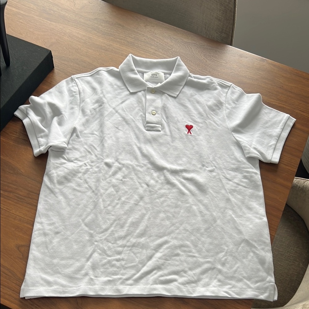 Ami White Polo Shirt with Red Embroidered Logo